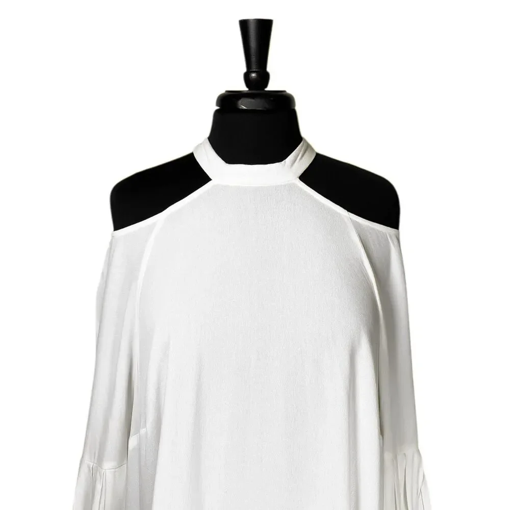 Free People Womens M Ivory Cold Shoulder Tunic Dress Pleated Boho Flowy Mini